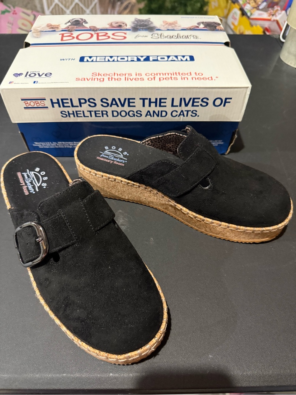 Skechers BOBS Black Suede Slip-On Clogs with Cork-Look Platform